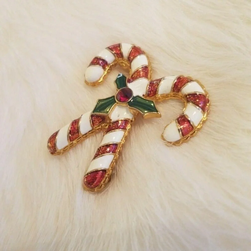 Vintage Christopher Radko Candy Cane Pin Christmas Rhinestone Enamel Signed 4925